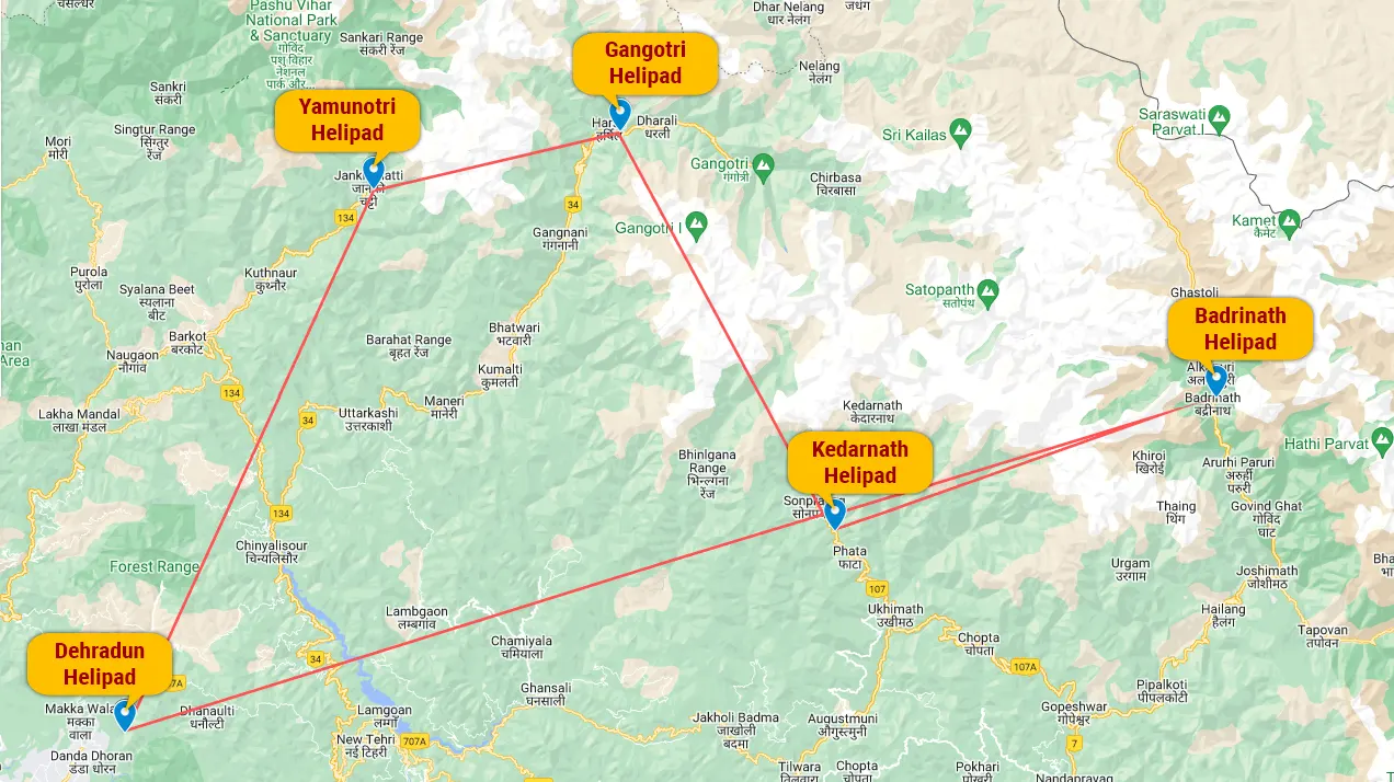 Chardham Yatra by helicopter map route