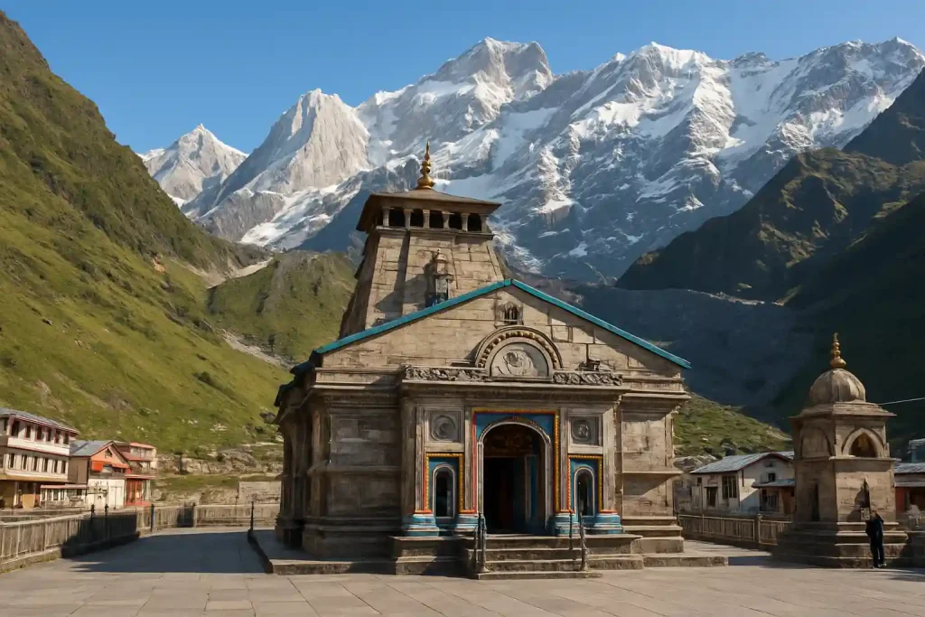weather of kedarnath in summers and temple is covered with green surroundings and cool wind.