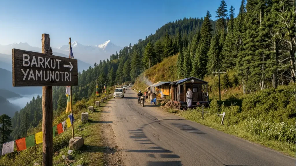 An image of sign board which shows the way from Barkot to Yamunotri.