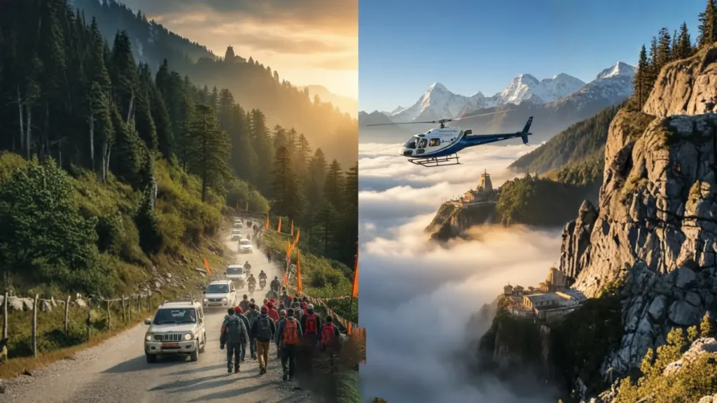 An image of comparing Chardham Yatra by road and helicopter.