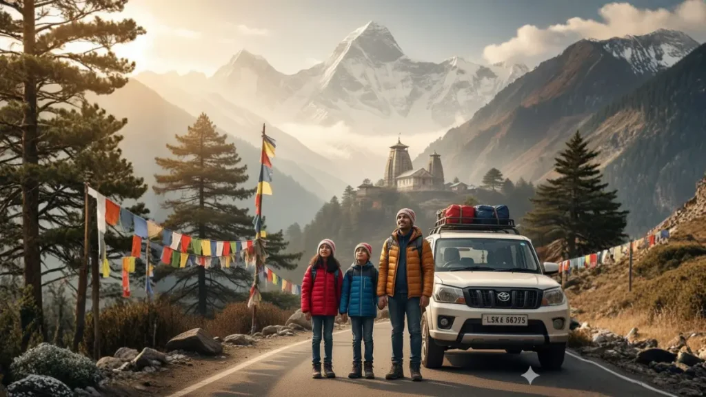 An image showing family at chardham yatra with kids.