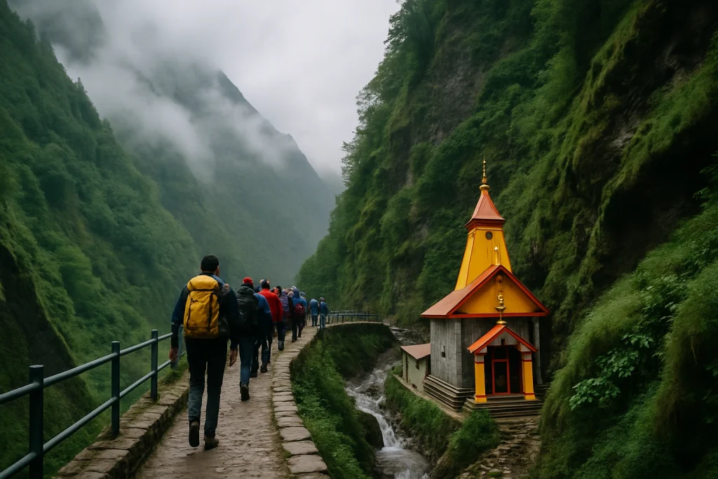 Yamunotri trekking trail in the Himalayas with pilgrims walking.