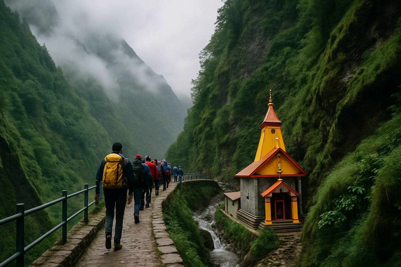 Yamunotri trekking trail in the Himalayas with pilgrims walking.