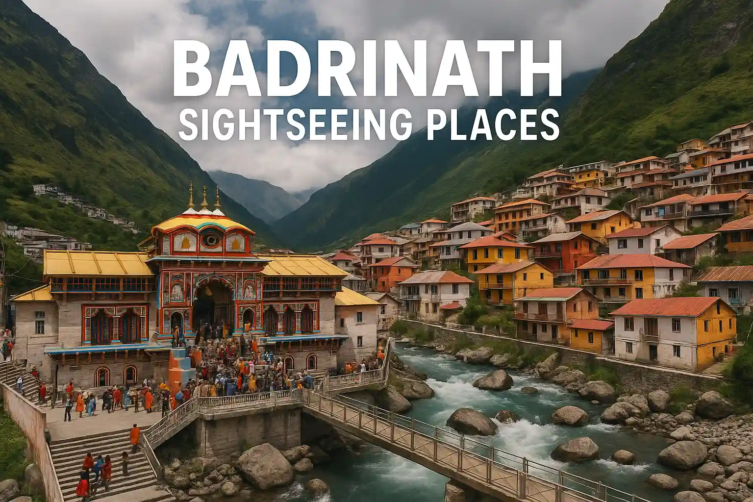 badrinath sightseeing places showing river and badrinath temple