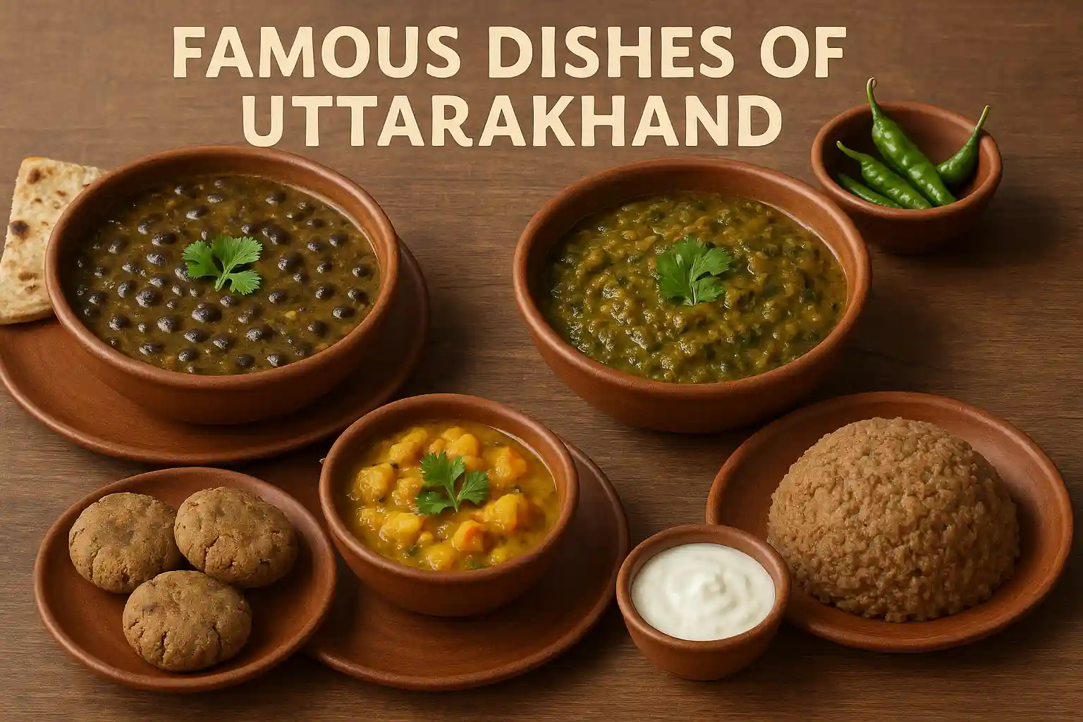 Famous dishes of Uttarakhand- Kafuli – A thick curry made from spinach, fenugreek, and spices. Bhang ki Chutney – A tangy chutney made from roasted hemp seeds and lemon. Phaanu – A protein-rich curry made from soaked lentils like gahat or arhar. Chainsoo – A black gram dal dish, slow-cooked with spices. Aloo ke Gutke – Spicy potato cubes cooked with red chili and coriander. Dubuk – A comforting dish made from ground pulses (gahat, bhatt, or arhar). Jhangora ki Kheer – A sweet pudding made with barnyard millet, milk, and sugar. Singodi – A Kumaoni sweet wrapped in Malu leaves, filled with khoya. Arsa – A festive sweet made with rice flour, jaggery, and ghee. Bal Mithai – Uttarakhand’s iconic chocolate-brown fudge made with khoya and sugar balls.
