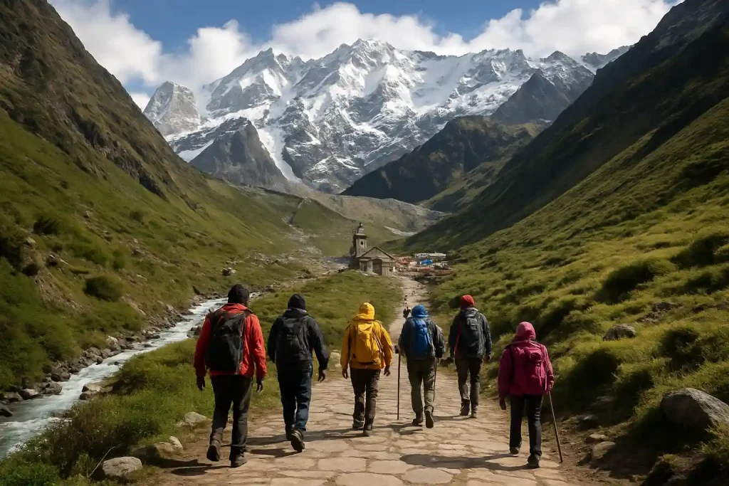 a group of persons trekking in kedarnath and they are seeing the temple from far.