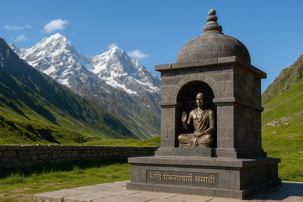Adi Shankaracharya Samadhi monument in Kedarnath with a bronze statue and snow-covered Himalayan peaks in the background.