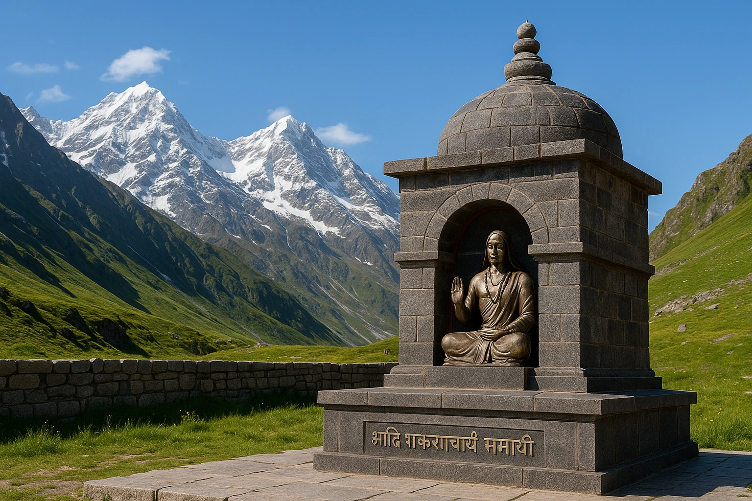 Adi Shankaracharya Samadhi monument in Kedarnath with a bronze statue and snow-covered Himalayan peaks in the background.