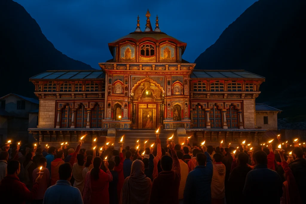 Devotees holding diyas during the evening aarti at Badrinath Temple, illuminated against a blue twilight sky in the Himalayas.