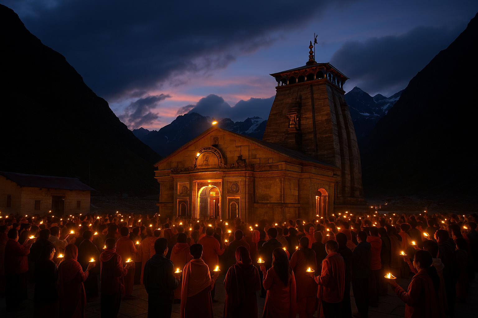 Kedarnath Temple illuminated by evening aarti with devotees holding diyas against a twilight Himalayan mountain backdrop.