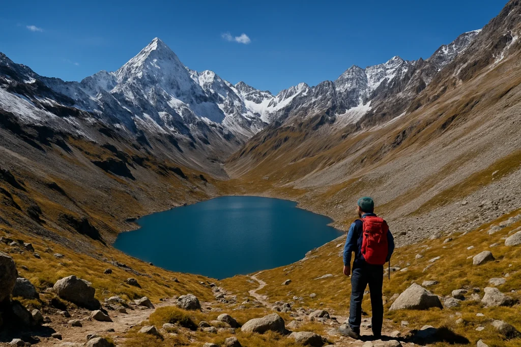 Hiker with a red backpack looking over the blue Vasuki Tal lake surrounded by rocky slopes and snow-covered Himalayan peaks near Kedarnath.