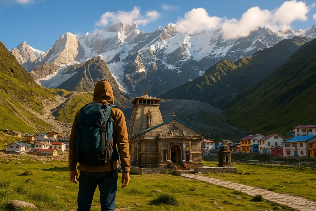 Solo traveler wearing a brown jacket and teal backpack stands facing the Kedarnath Temple, surrounded by lush green meadows and colorful village houses, with majestic snow-capped Himalayan peaks under a clear blue sky.
