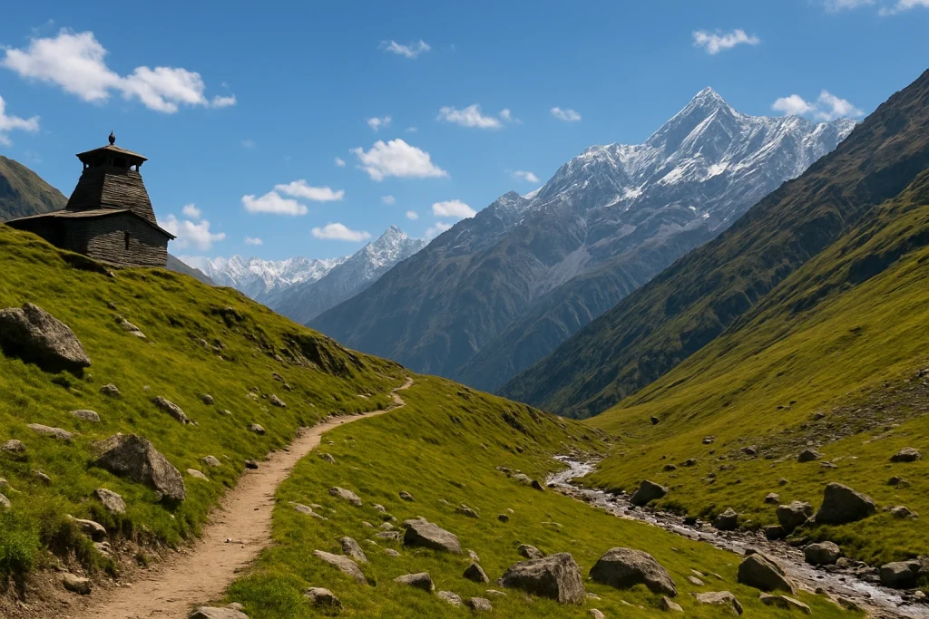 Mountain trail from Tungnath to Kedarnath through green meadows with a small temple and snow-covered Himalayan peaks in the background.
