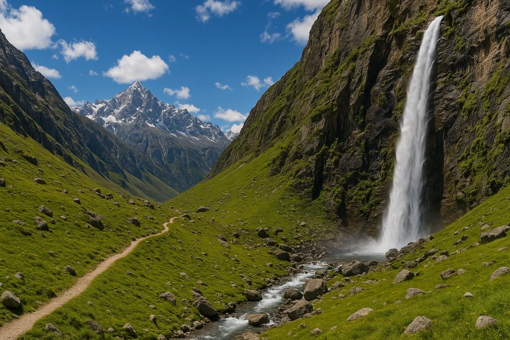 Vasudhara Falls cascading from a high cliff into a green valley with snow-covered Himalayan peaks in the background near Badrinath.
