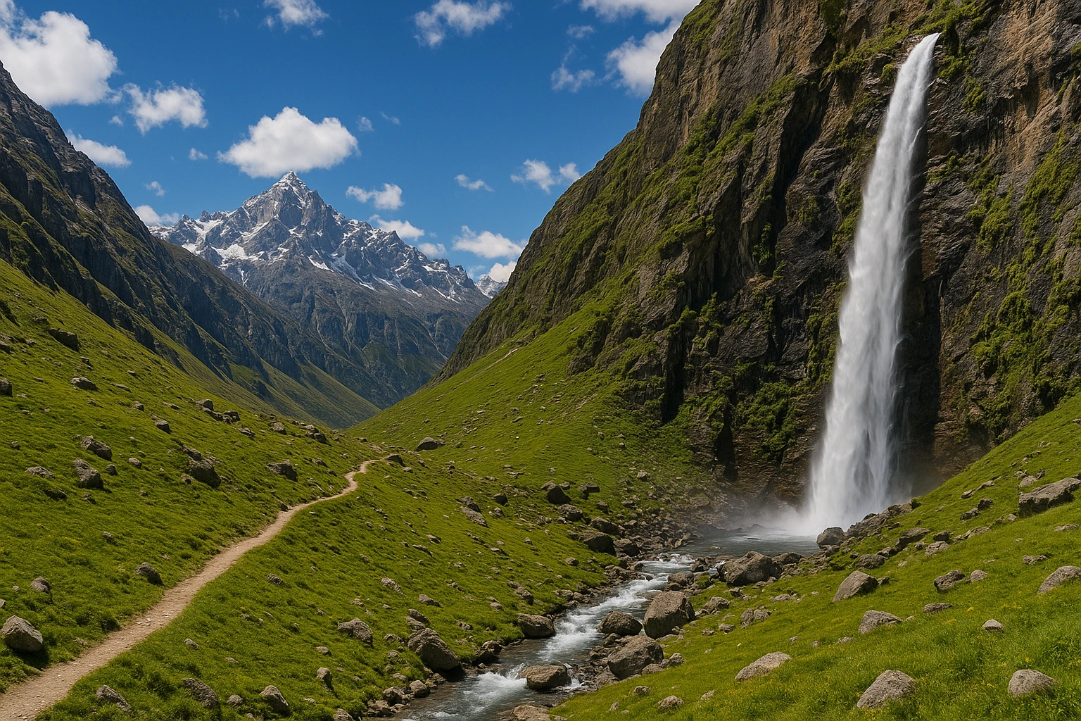Vasudhara Falls cascading from a high cliff into a green valley with snow-covered Himalayan peaks in the background near Badrinath.